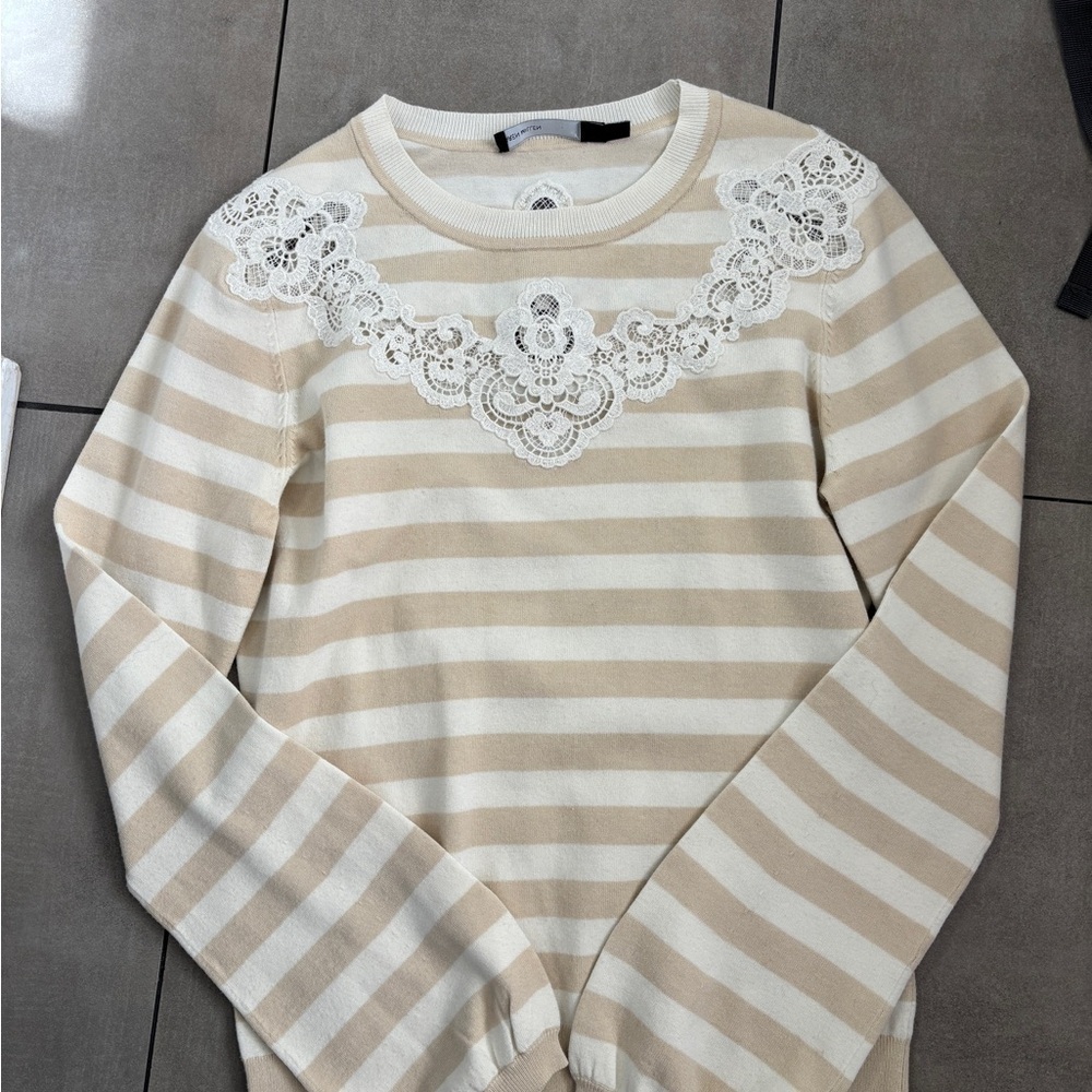 Karen Millen Striped Sweater with Lace Details worn once size large cottage core
